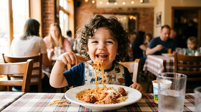 Happy child eating spaghetti in a cozy restaurant setting