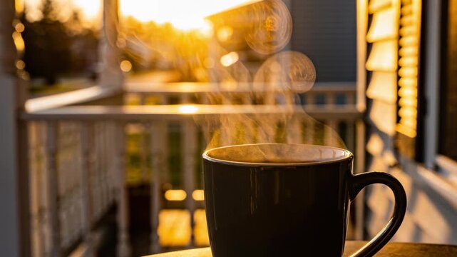 Holding dark ceramic mug with handle on small round porch table, hot beverage cooling, steam rising