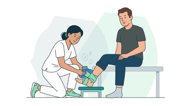 Nurse Applying Cold Pack to Patient's Injured Ankle for Pain Relief and Recovery - Vector Illustration