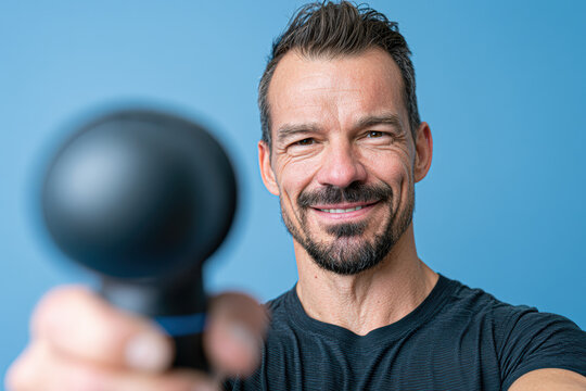 A smiling man holding a black massage gun towards the camera against a blue background.