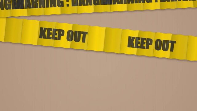 Yellow caution tape with keep out and danger warning signs in a line