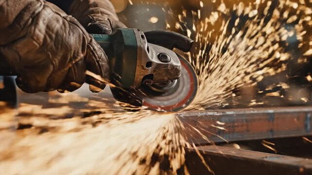 Ultra realistic cinematic macro video of skilled worker gloved hands operating a handheld angle grinder cutting through a thick steel bar Brilliant golden orange sparks flying in every direction reali