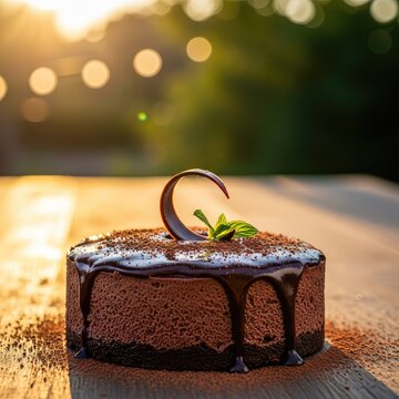 Ein hausgemachtes Schokoladendessert auf einem Holztisch im Freien, von goldenem Sonnenlicht durchflutet, das die feine Cremigkeit hervorhebt, homemade, chocolate, natural