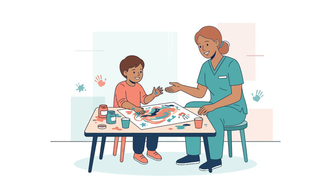 Nurse assisting child with finger painting, illustrating therapy and creative expression in a healthcare setting