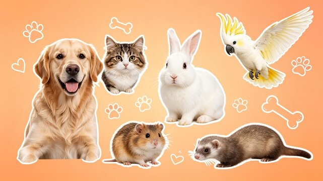 Golden retriever cat rabbit guinea pig ferret and cockatoo on bright orange background with pet icons
