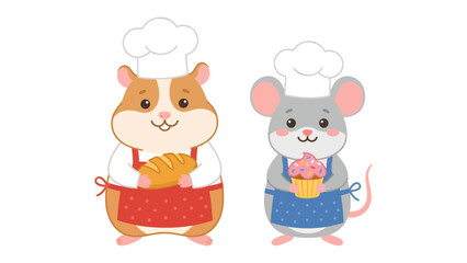Charming Baker Friends: A delightful vector illustration featuring a cute hamster and a friendly little mouse dressed as chefs in aprons, holding freshly baked bread and a pink cupcake.