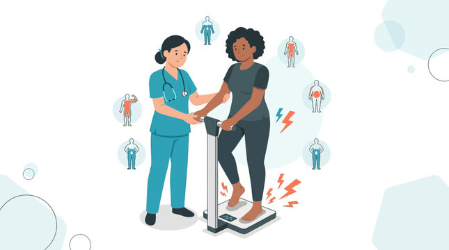Nurse assisting patient on medical scale for body composition analysis, health check, and weight management concept