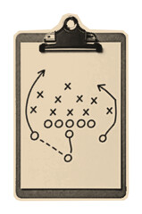Fototapeta premium Coach's clipboard showing an American football play diagram in a retro halftone and engraving pop art style