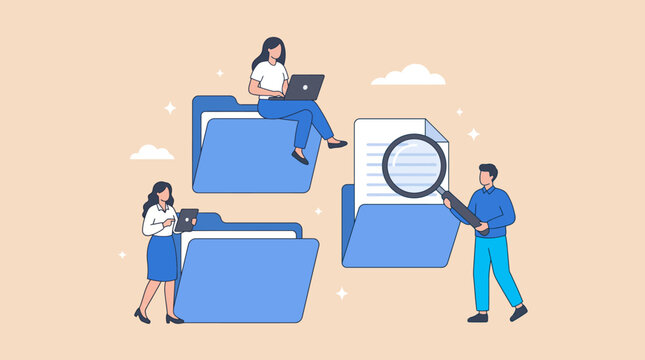 Organized digital files with people analyzing data using laptops and magnifying glass, concept for information management, document organization and business research, use for workflow and study.