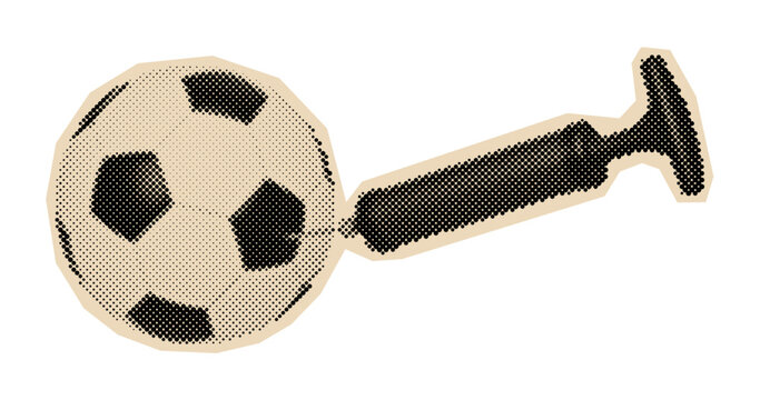 Soccer ball and hand pump for inflation, a piece of sports equipment illustrated in a vintage halftone comic book style
