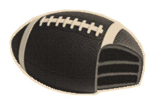 American football sports equipment shown in a classic retro halftone illustration, symbolizing games, competition, and teamwork
