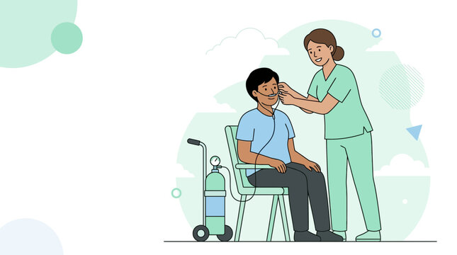 Nurse assisting patient with oxygen nasal cannula connected to oxygen tank, vector illustration