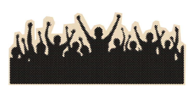 Silhouette of a large cheering crowd with hands raised, a vintage-style graphic illustration representing fans at a concert, festival, or sporting event