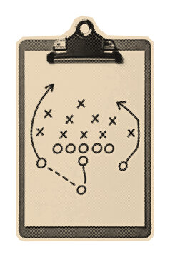 Coach's clipboard showing an American football play diagram in a retro halftone and engraving pop art style