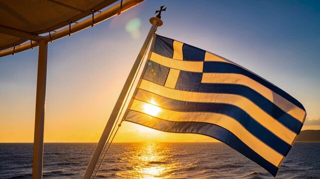 Waving Greek flag on angled pole responding to breeze and boat motion at stern, sun reflecting