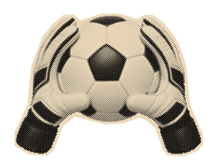 Obraz premium Goalkeeper gloves catching a soccer ball, a classic sports concept rendered in a vintage monochrome halftone dot illustration