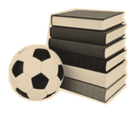 Soccer ball and a stack of books representing the balance between sports and education, drawn in a vintage comic book halftone style
