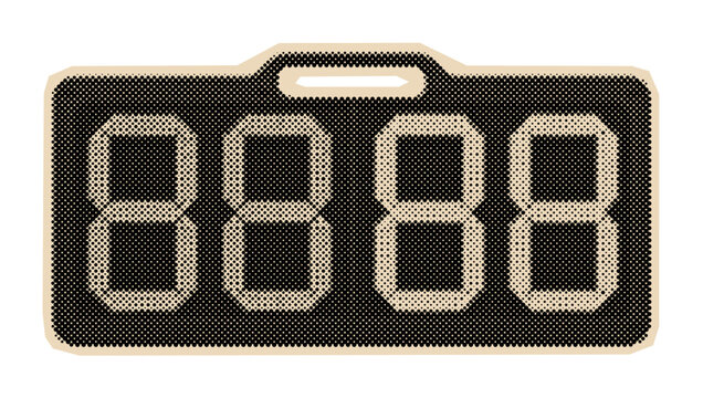 Digital clock or scoreboard with a four-digit seven-segment display showing the number 8888, rendered in a vintage halftone comic book illustration style