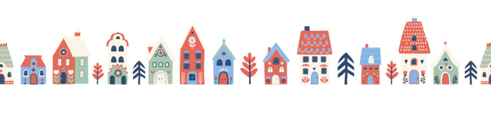 Scandinavian winter village seamless border with cozy Nordic houses and trees for holiday stationery, gift wrap and seasonal decor, Vector Illustration, folk style on white. © svsunny