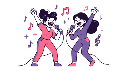 Two Women Singing with Microphones and Music Notes: Two happy women are singing into microphones with music notes and stars around them. They are in motion and look excited.