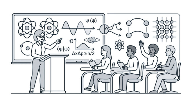 Modern Black and White of a Professor Teaching Quantum Physics and Chemistry Concepts to Engaged Students