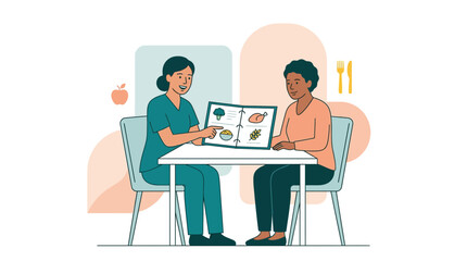 Fototapeta premium Nurse consulting patient on healthy diet plan with food menu illustration