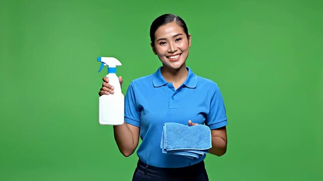 Young Woman Holding Cleaning Spray Bottle And Cloth Against A Green Screen Background For Cleaning Service Promotion