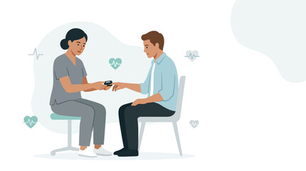 Fototapeta premium Nurse measures patient's oxygen saturation with pulse oximeter, healthcare illustration