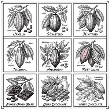 Cocoa bean varieties illustrated in vintage style on white background  