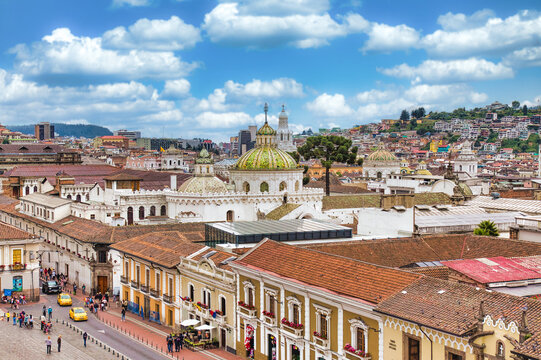 Historic view of San Francisco square with San Ignacio church in Quito Ecuador showcasing architecture and daily life