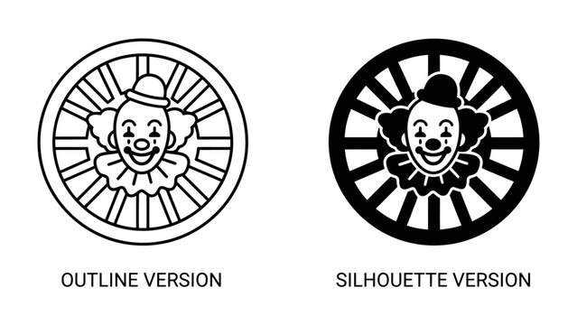Clown Stamp Design in Outline and Silhouette: A set of round vector illustrations depicting a smiling vintage clown face at the center.