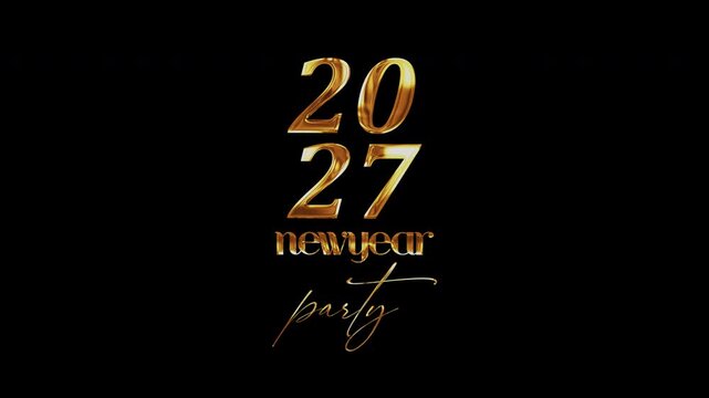2027 New Year Party golden text shine flickering light effect animation on black background. Happy New Year text flickering gold glowing light texture.  .Isolated alpha channel Apply prores 444