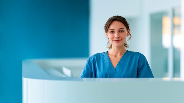 A reception area at a medical clinic with a staff member in a blue medical gown behind the counter. A modern hospital or clinic interior