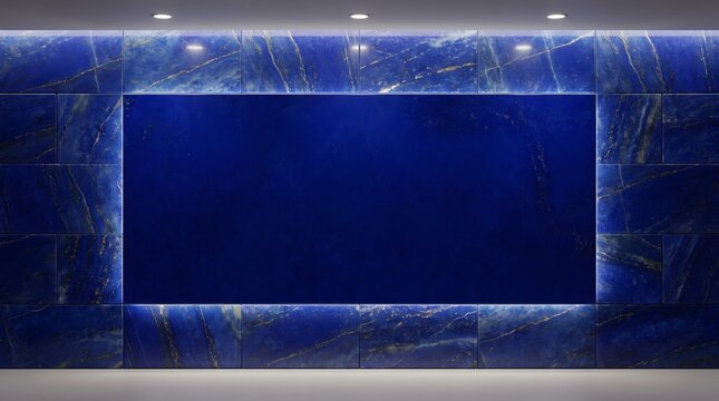 Modern Dark Blue Lapis Lazuli Marble Wall with Illuminated Rectangular Display Feature Panel