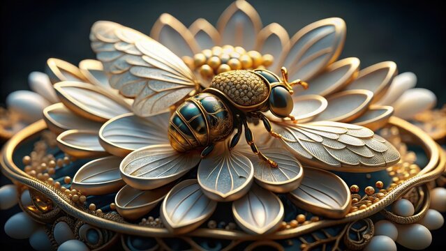Bee on ornate gold white flower brooch dark background