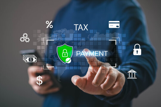 Tax payment and digital financial transaction concept with protected online payment interface, representing tax compliance, banking security, electronic payment, financial technology, data protection.
