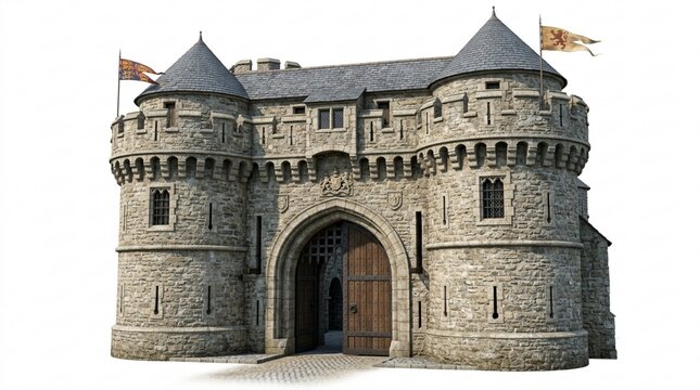 Medieval Castle Gate with Stone Walls and Flags