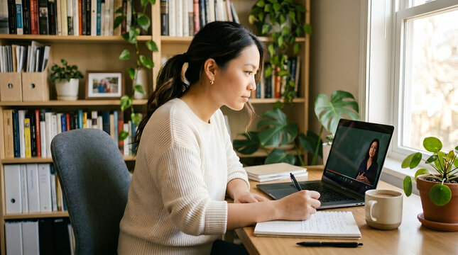 Focused woman watching online course on laptop sitting at home desk