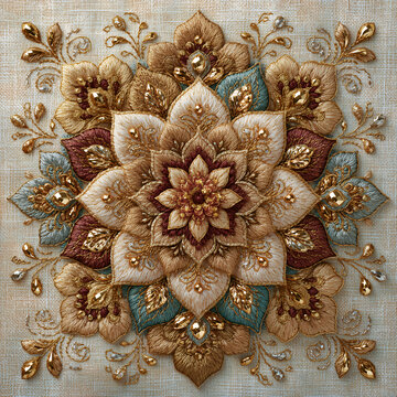 Symmetrical mandala embroidery pattern in gold and silver metallic thread on ivory fabric, close-up with soft highlights, clean stock photo