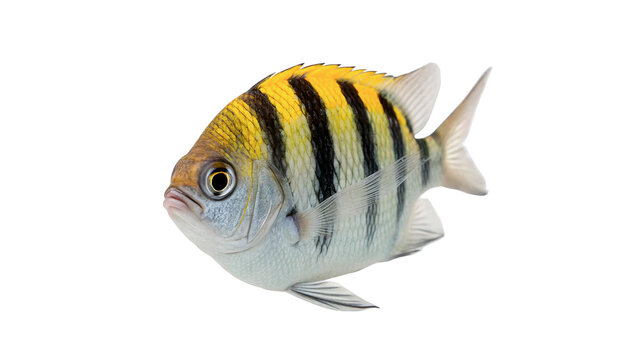Small sergeant major fish swimming marine coral reef wildlife isolated on transparent background