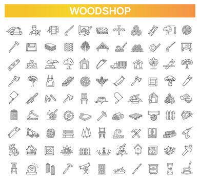 Woodshop Outline Symbols Collection. Sawmill icons