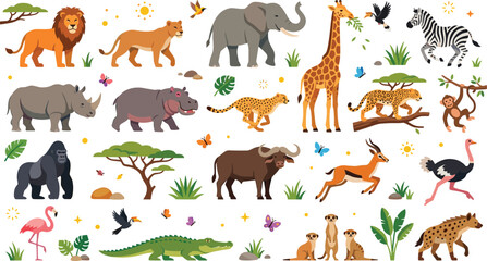 Obraz premium African Safari Animals Big Bundle Collection with Wild Savannah Wildlife Elements, Lion, Giraffe, Elephant, Cheetah, and Zebra Cartoon Vector Illustration Set for Kids