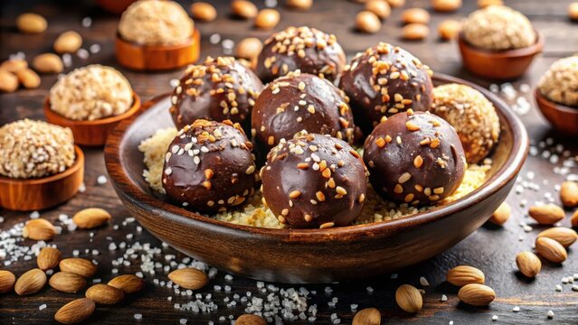 Vegan chickpea and peanut butter candies in chocolate glaze sprinkled with coconut chips energy balls healthy raw dessert without sugar
