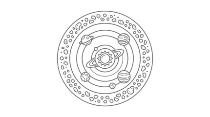 Professional Minimalist Black and White Solar System Diagram with Planets and Asteroids with high quality professional line art symbols for modern creative design and digital branding projects © SHOLEH