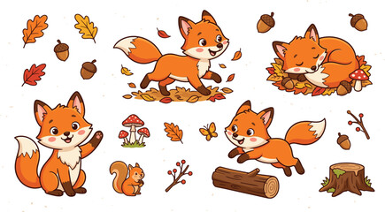 Fototapeta premium Cute Autumn Fox Character Set with Little Squirrel, Mushrooms, Acorns, Fallen Oak Leaves, and Woodland Elements for Fall Season Greeting Card Vector Illustration