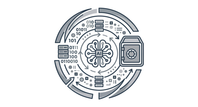Minimalist Black and White Showing AI Data Processing with Circular Flow Databases and Security Vault