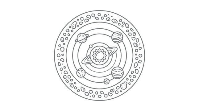 Professional Minimalist Black and White Solar System Diagram with Planets and Asteroids with high quality professional line art symbols for modern creative design and digital branding projects