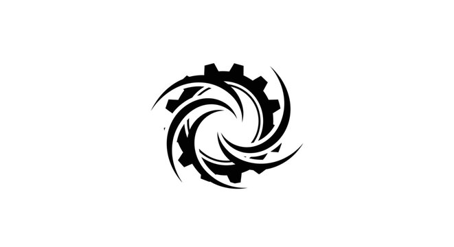 Sharp black gear logo with swirling vortex design.
