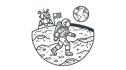 Industrial Black and White Line Drawing of Astronaut on Moon with Lunar Lander and Earth in with high quality professional line art symbols for modern creative design and digital branding projects © SHOLEH