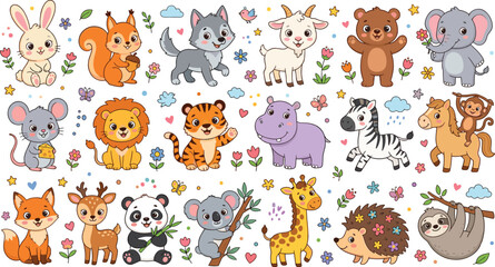 Obraz premium Happy Wild Baby Animals Big Bundle with Rabbit, Wolf, Elephant, Tiger, Giraffe, Sloth, and Hedgehog Cartoon Vector Sticker Collection for Kids Educational Prints